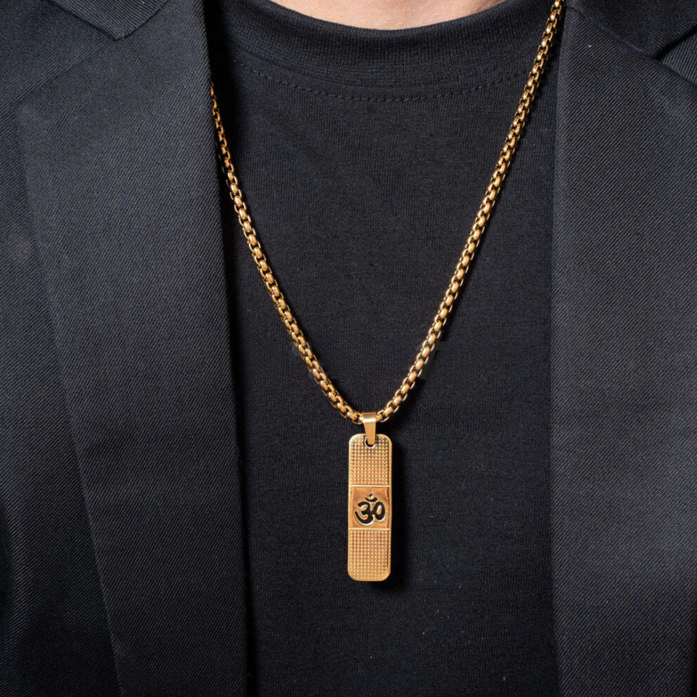 Om Pendant Dotted Design Gold Chain For Men (24 Inch)